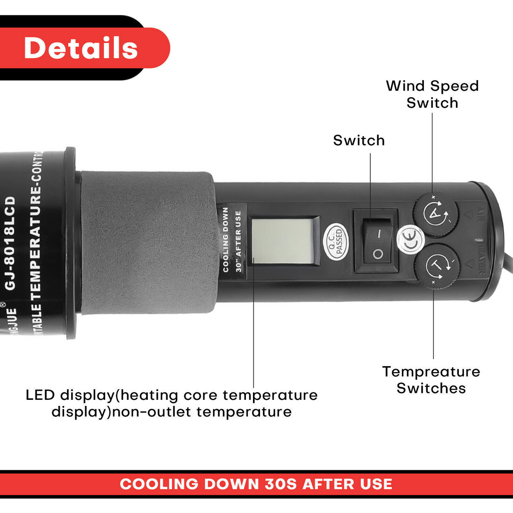 Portable Hot Air Gun Adjustable Temperature Heat Gun 200W LCD Digital  Display Electrical Heat Tool with 9 Tuyere